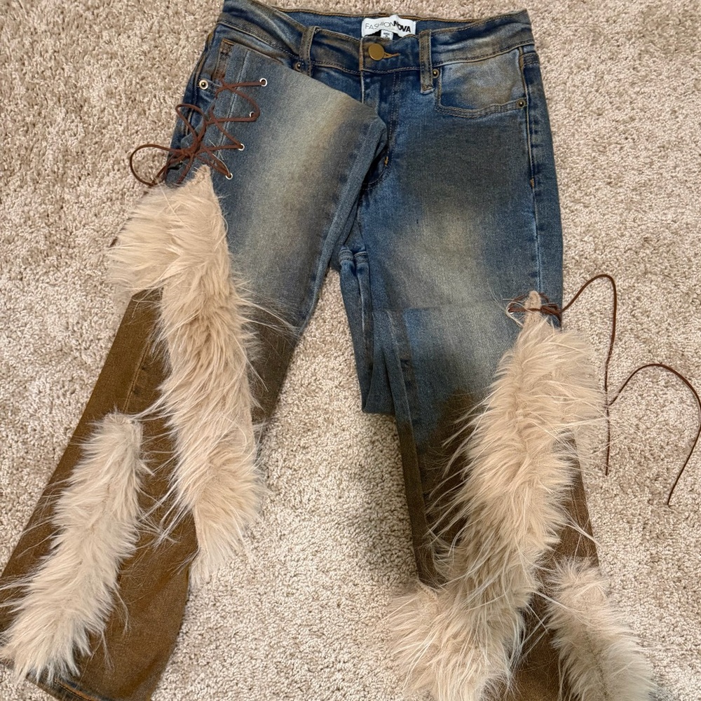 Fashion Nova Blue and Brown Boot Cut Jeans